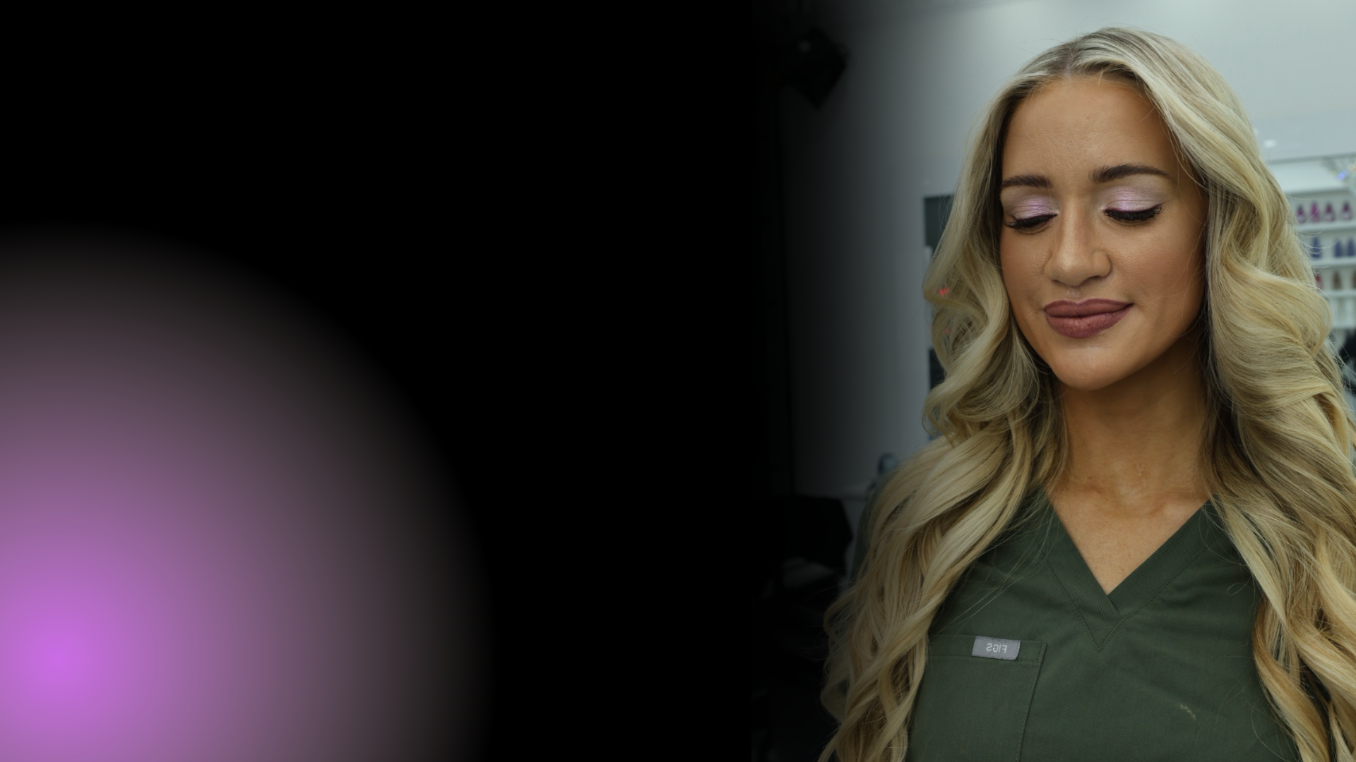 Soft makeup and blonde waves shown on the salon's bridal trial menu