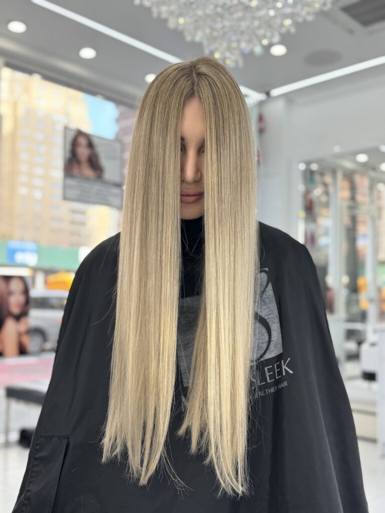 Long straight blonde hair with darker roots